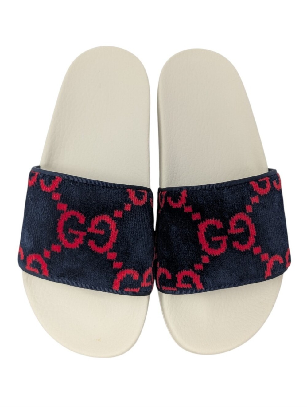 Gucci Navy/Red Monogram Terry Cloth Velvet Slide Sandals Size EU 38